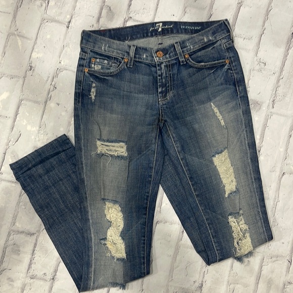 7 For All Mankind Roxanne Jeans Skinny Straight Distressed Mid-Rise Denim - Picture 1 of 14